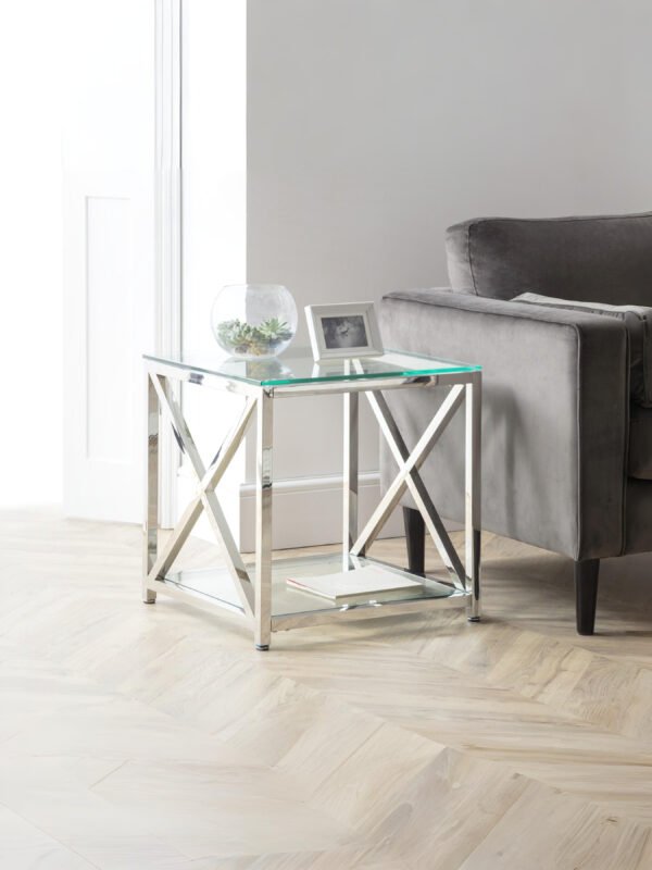 Miami Glass Top Cross Frame Side Table with Shelf