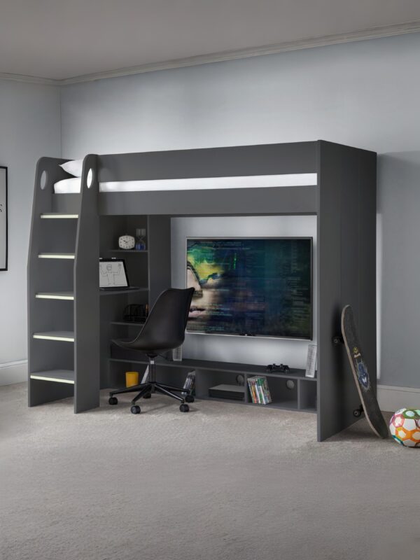 Nebula 90cm Single Anthracite Black Gaming Highsleeper Loft Bed with Desk
