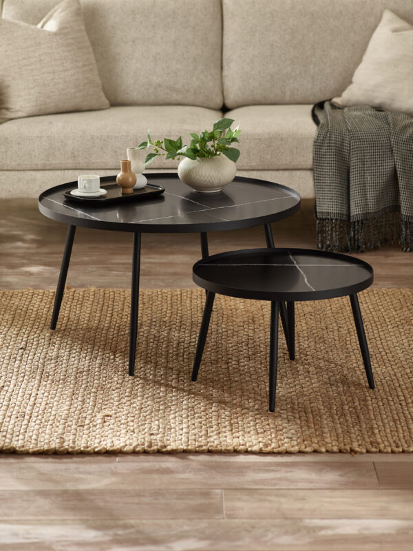 Nolan Black Marble-Effect 78cm Round Nesting Coffee Tables