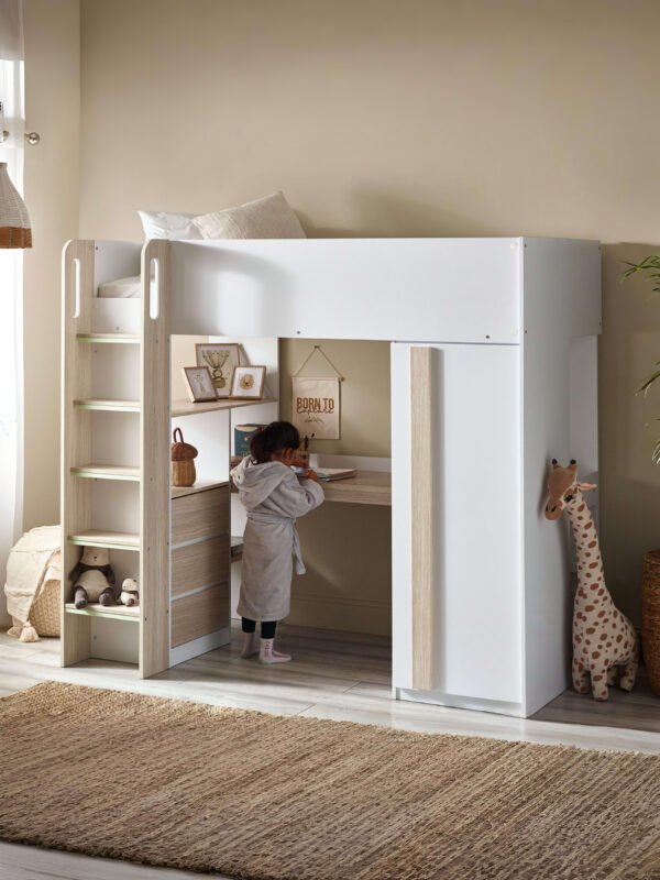 Ocean High Sleeper Bed with Desk – White/Wood Effect