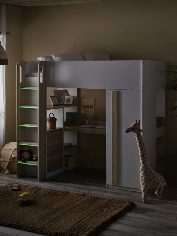 Ocean High Sleeper Bed with Desk - White/Wood Effect - Image 13