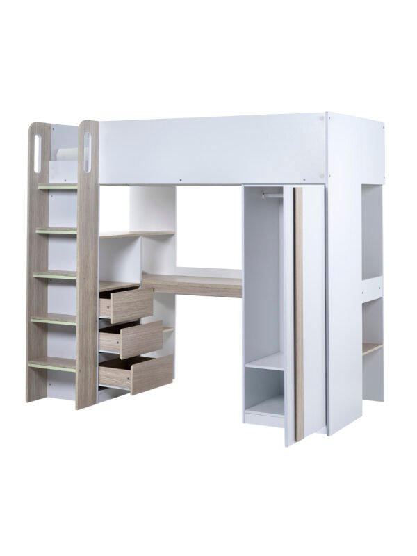 Ocean High Sleeper Bed with Desk - White/Wood Effect - Image 3