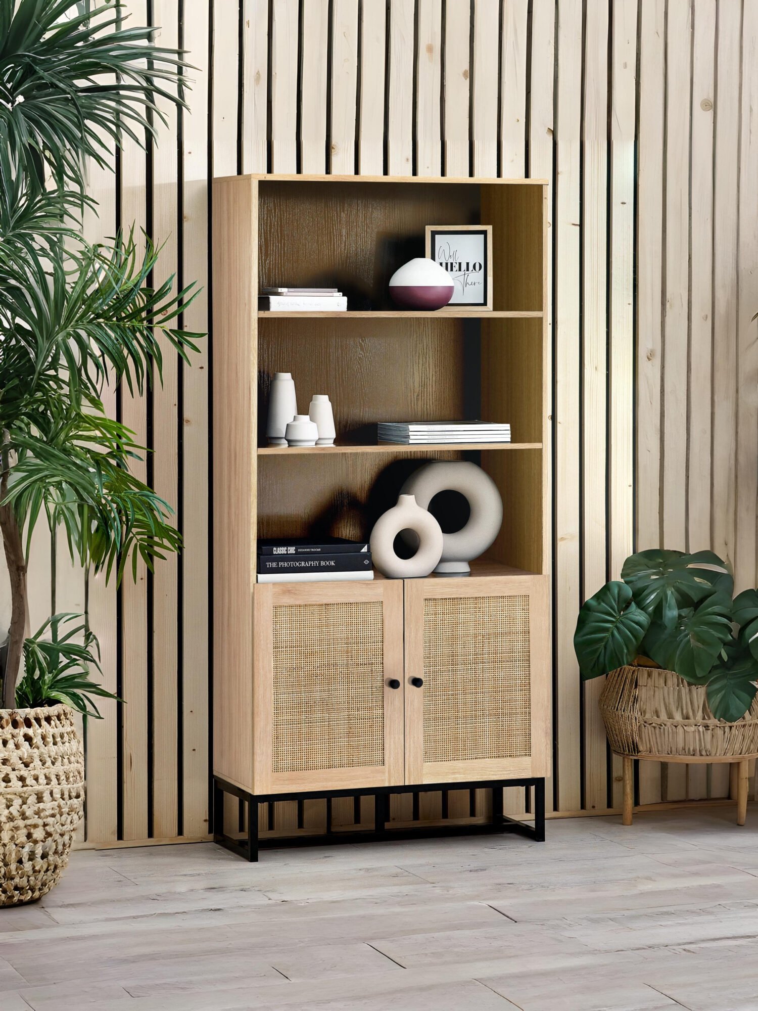 PAD008_1 Padstow Rattan Tall Bookcase with Cupboard