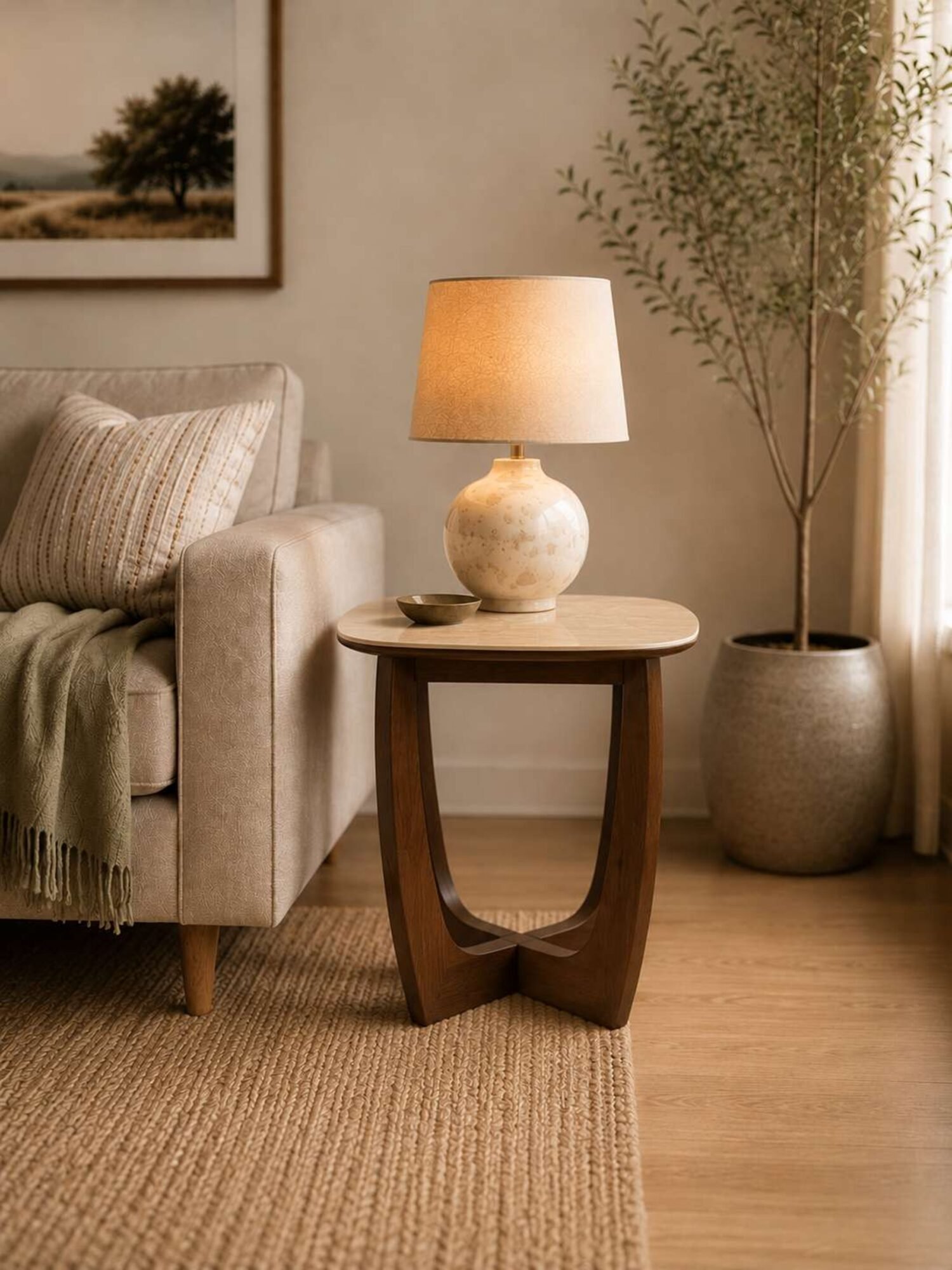 POR304_1 Portland Square Lamp Table – Walnut Effect/Natural Stone