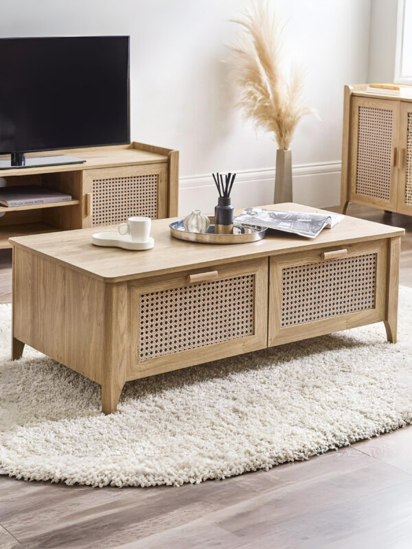 Sydney Rattan Print 2 Drawer Coffee Table - Oak Effect