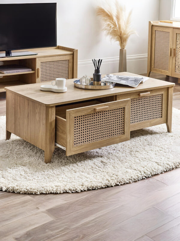 Sydney Rattan Print 2 Drawer Coffee Table - Oak Effect - Image 2