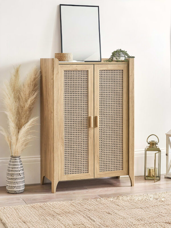 Sydney Rattan Print Shoe Cabinet - Oak Effect