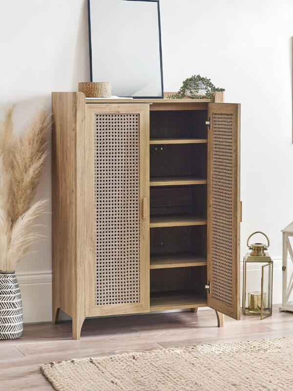 Sydney Rattan Print Shoe Cabinet - Oak Effect - Image 2