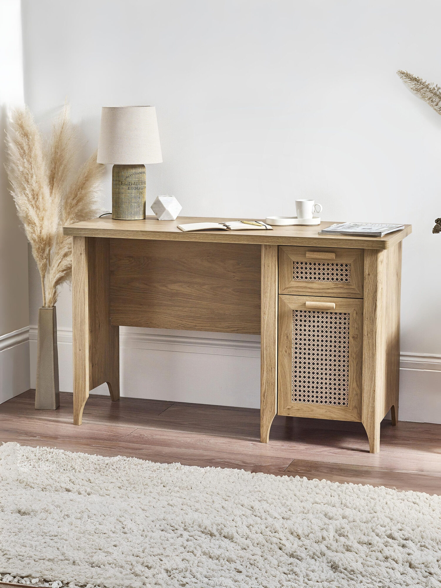 SYD011_1 Sydney Rattan Print 1 Drawer Desk - Oak Effect - Image 1