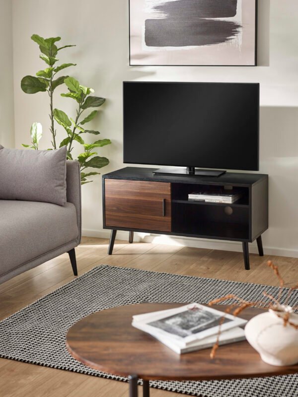 Trent Walnut and Black Small TV Stand Up to 43″