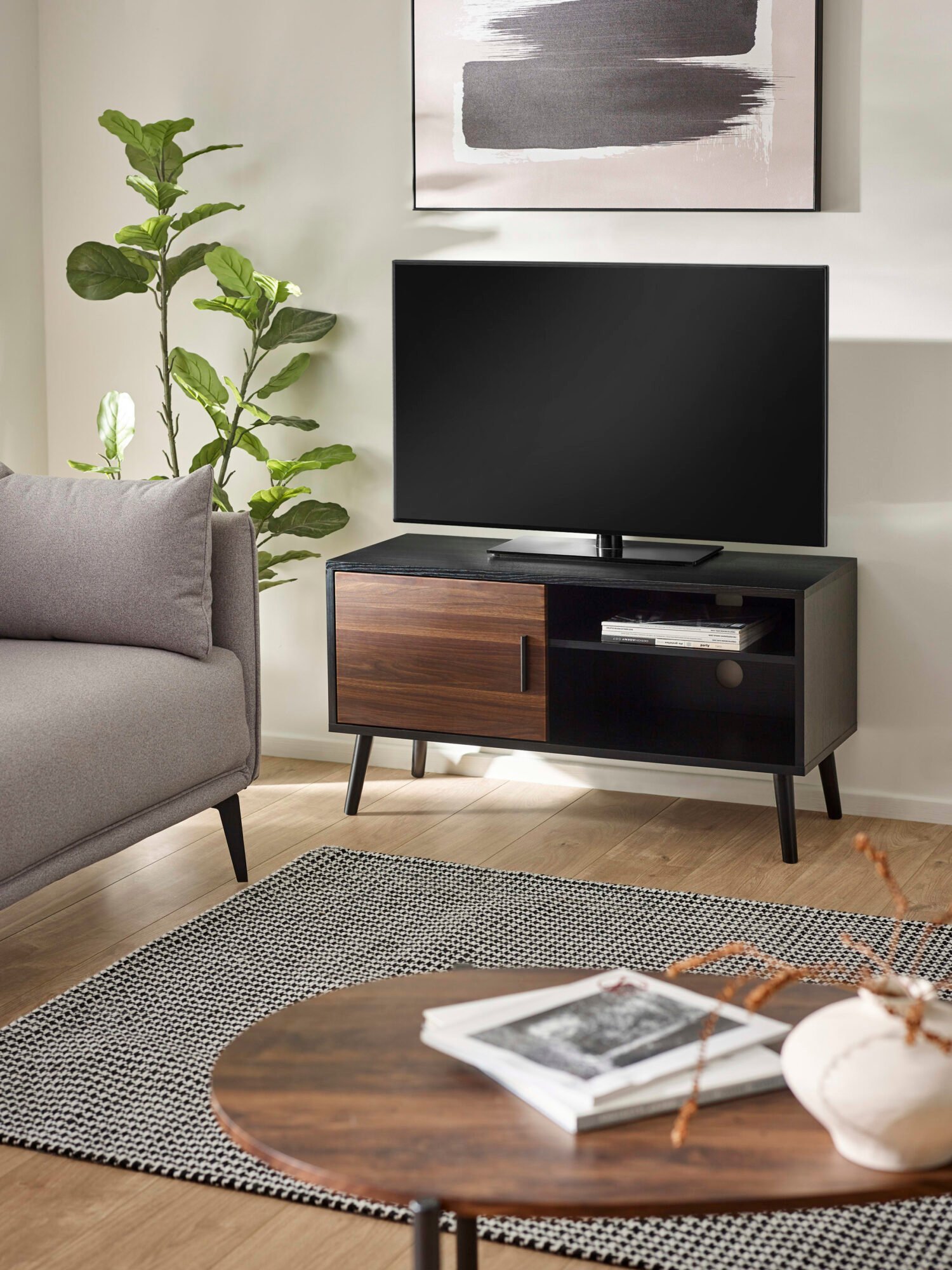 TRE001_1 Trent Walnut and Black Small TV Stand Up to 43″