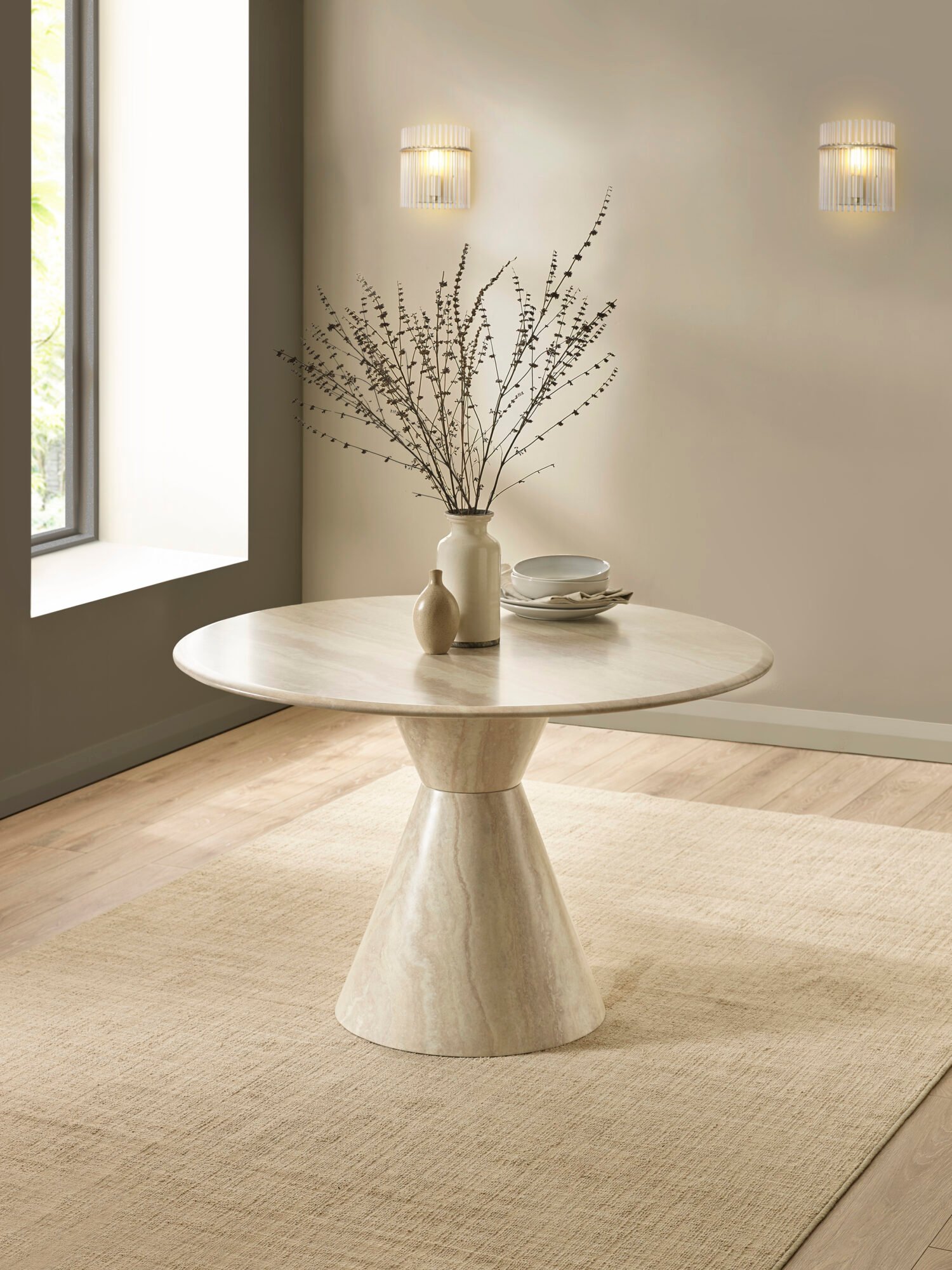 VER011_1 Verona 120cm Round Pedestal 4 Seater Dining Table – Cream Marble Effect