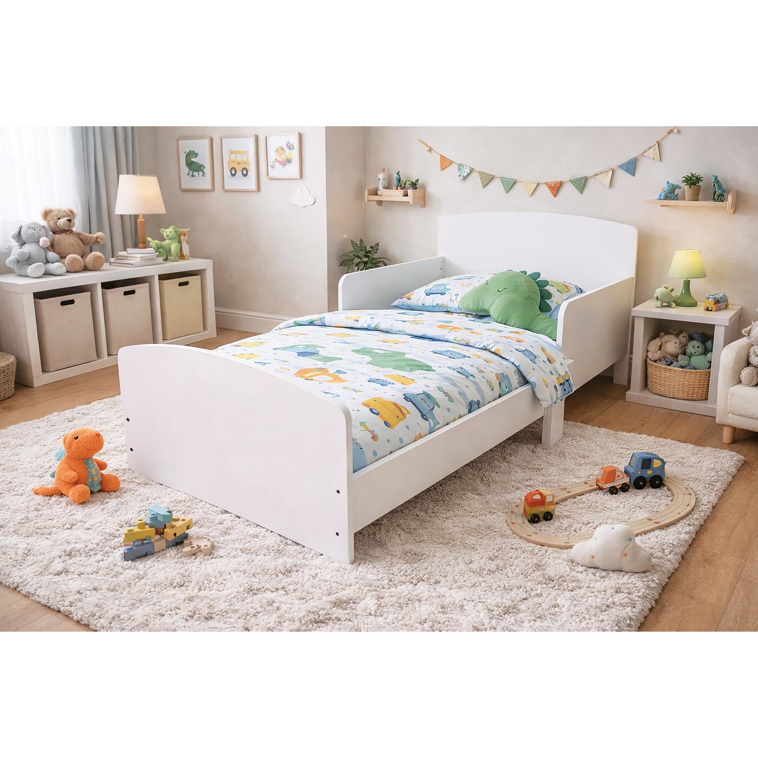 wh5-00jb_1.jpg White Wooden Toddler Bed with Safety Rails - Image 1