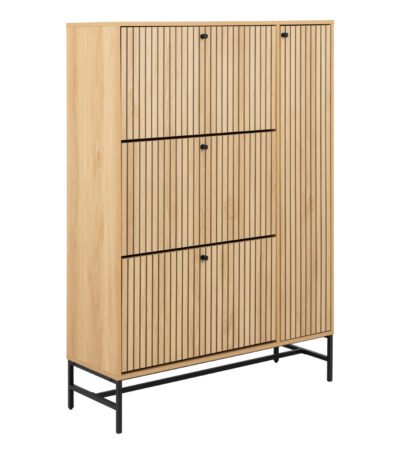Albany Shoe Cabinet 3 Flip Down Doors 1 Pull Open Door in Oak/Black Legs