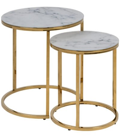Alisma Nest of 2 Tables with White Marble Glass & Gold Base