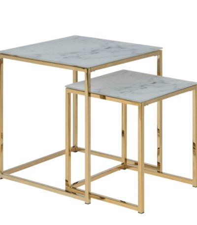 Alisma Nest of Tables with White Crystal Clear Marble Glass Top & Gold Legs