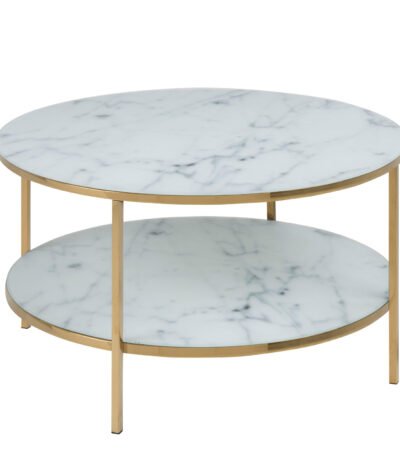Alisma Round Coffee Table with White Crystal Clear Marble Glass Top & Gold Legs