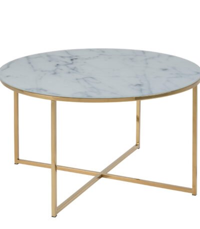 Alisma Round Coffee Table with White Marble Effect Glass Top & Gold Legs