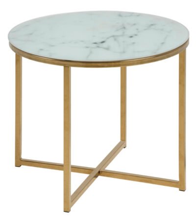 Alisma Round Side Table with White Crystal Clear Marble Glass Top & Gold Legs