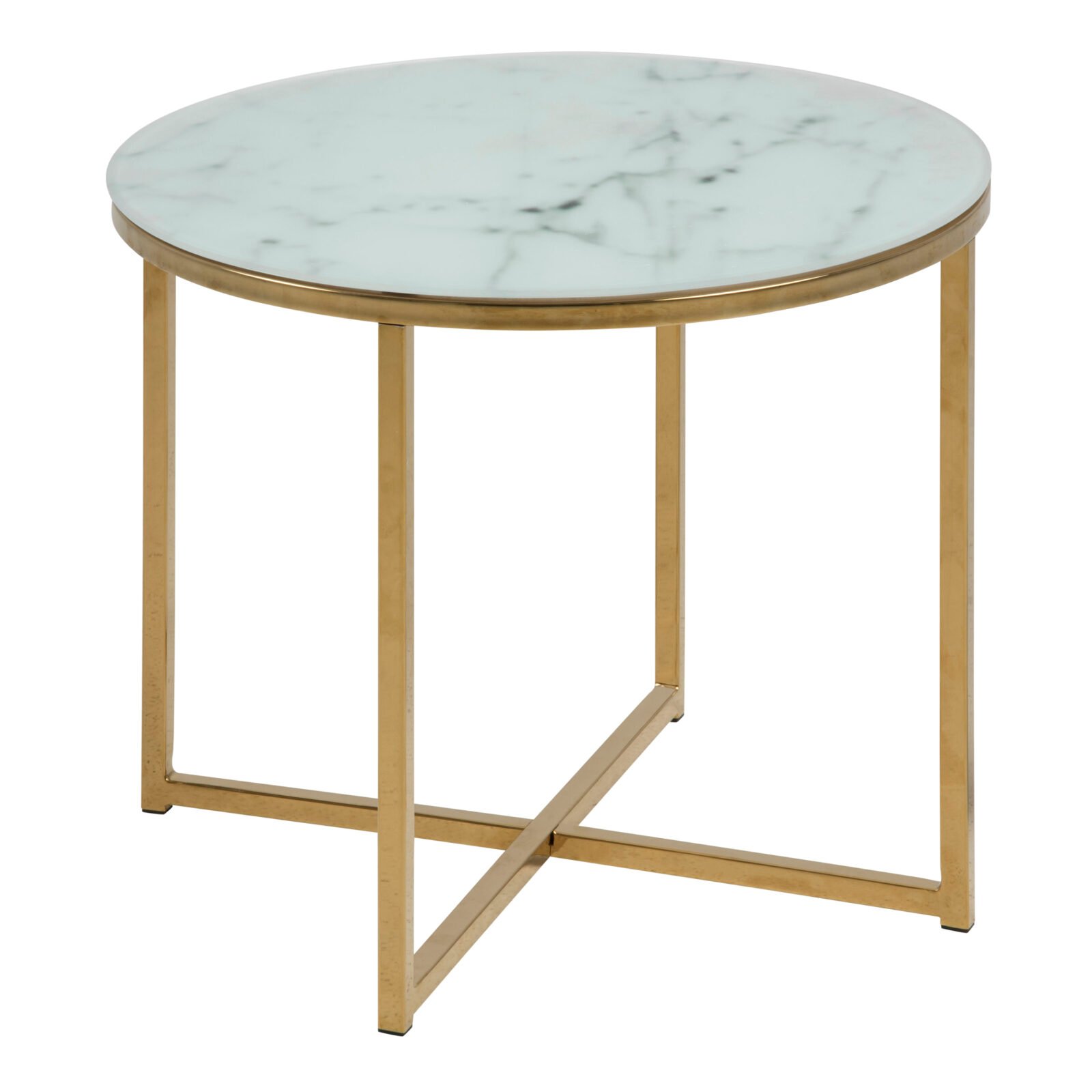 Alisma Round Side Table with White Crystal Clear Marble Glass Top & Gold Legs Alisma Round Side Table with White Crystal Clear Marble Glass Top & Gold Legs