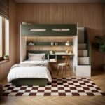 Alpha Staircase L Shaped Bunk Bed with Desk Green & Beige