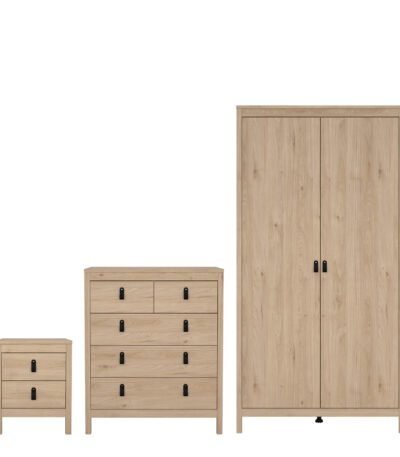 Barcelona Package - Bedside Table 2 Drawers + Chest 5 Drawers + 2 Door Wardrobe in Jackson Hickory Oak