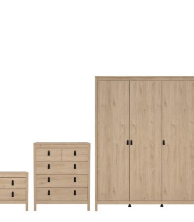 Barcelona Package - Bedside Table 2 Drawers + Chest 5 Drawers + 3 Door Wardrobe in Jackson Hickory Oak