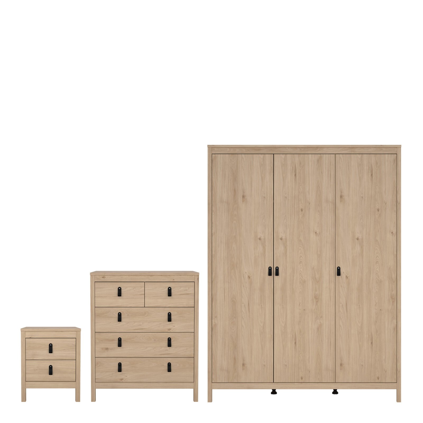 Barcelona Package - Bedside Table 2 Drawers + Chest 5 Drawers + 3 Door Wardrobe in Jackson Hickory Oak Barcelona Package - Bedside Table 2 Drawers + Chest 5 Drawers + 3 Door Wardrobe in Jackson Hickory Oak