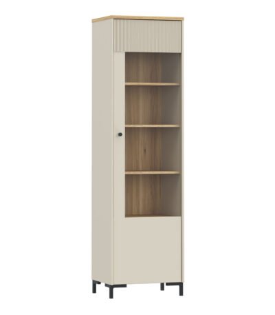 Bixbite Tall Display Cabinet with Fluted Detail, Door & Open Shelving in Mauvella Oak and Sand