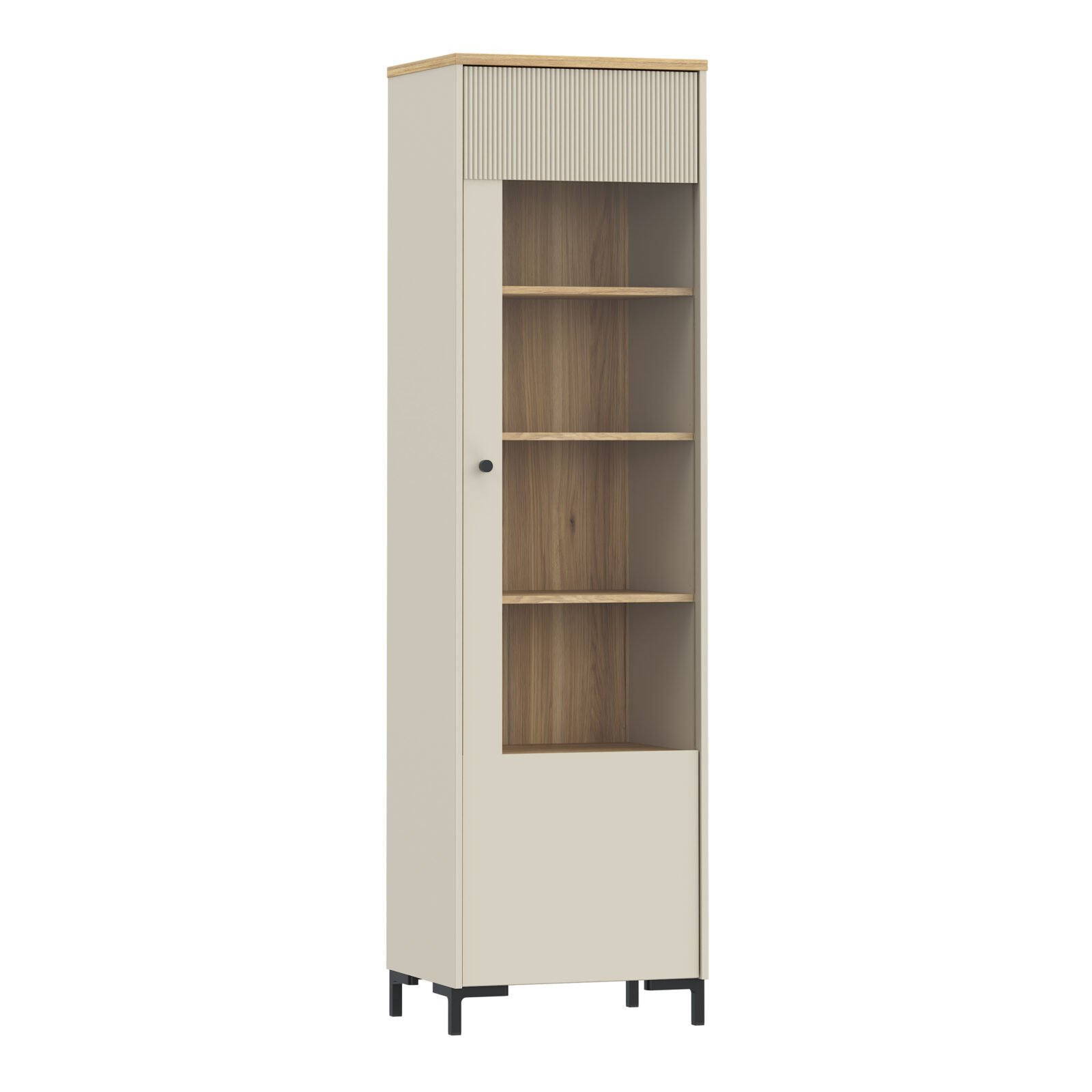 Bixbite Tall Display Cabinet with Fluted Detail, Door & Open Shelving in Mauvella Oak and Sand Bixbite Tall Display Cabinet with Fluted Detail, Door & Open Shelving in Mauvella Oak and Sand