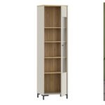 Bixbite Tall Display Cabinet with Fluted Detail, Door & Open Shelving in Mauvella Oak and Sand