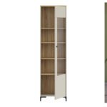 Bixbite Tall Display Cabinet with Fluted Detail, Door & Open Shelving in Mauvella Oak and Sand