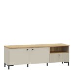 Bixbite Wide TV Unit with Fluted Drawer, Open Shelf & Cupboard in Mauvella Oak and Sand