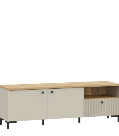 Bixbite Wide TV Unit with Fluted Drawer, Open Shelf & Cupboard in Mauvella Oak and Sand