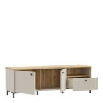 Bixbite Wide TV Unit with Fluted Drawer, Open Shelf & Cupboard in Mauvella Oak and Sand