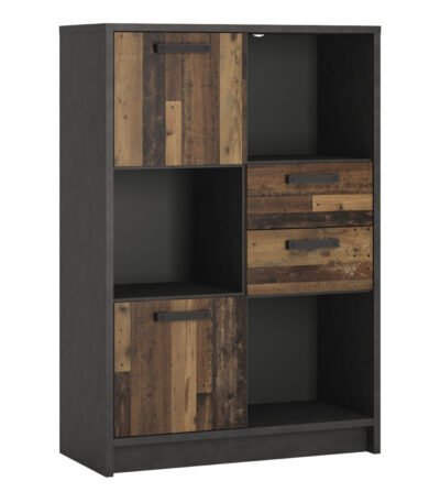 Brooklyn Low Bookcase with 2 Doors and 2 Drawers in Walnut and Dark Matera Grey