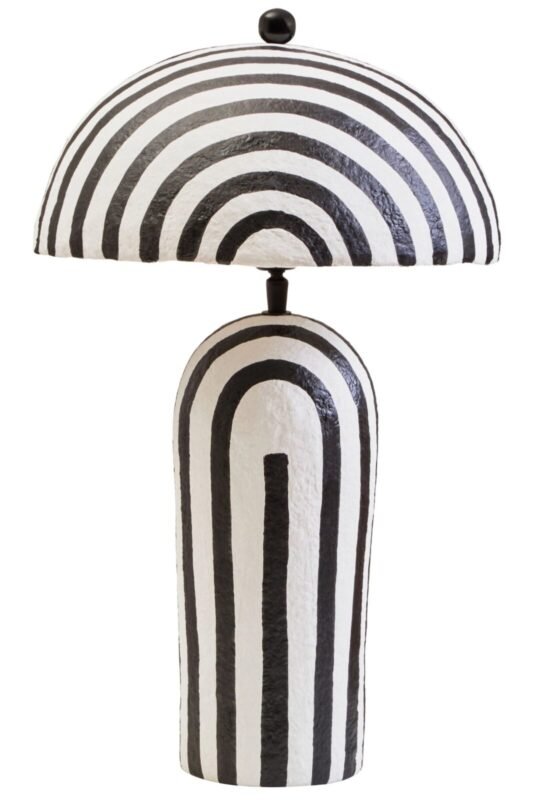 Canna Black and White Stripe Papier Mache Table Lamp with Dome Shade
