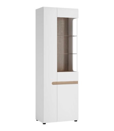 Chelsea Living Tall Glazed Narrow Display Unit (LHD) in White with a Truffle Oak Trim