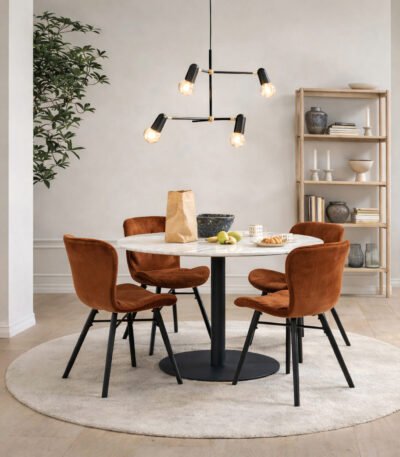 Corby Round Dining Table with White Polished Marble Top & Black Base includes 4 Batilda Dining Chairs