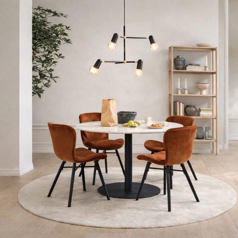 Corby Round Dining Table with White Polished Marble Top & Black Base includes 4 Batilda Dining Chairs