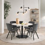 Corby Round Dining Table with White Polished Marble Top & Black Base includes 4 Batilda Dining Chairs