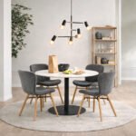 Corby Round Dining Table with White Polished Marble Top & Black Base includes 4 Batilda Dining Chairs