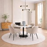 Corby Round Dining Table with White Polished Marble Top & Black Base includes 4 Brooke Dining Chairs with Arm Rest