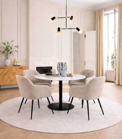 Corby Round Dining Table with White Polished Marble Top & Black Base includes 4 Brooke Dining Chairs with Arm Rest