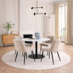 Corby Round Dining Table with White Polished Marble Top & Black Base includes 4 Brooke Dining Chairs