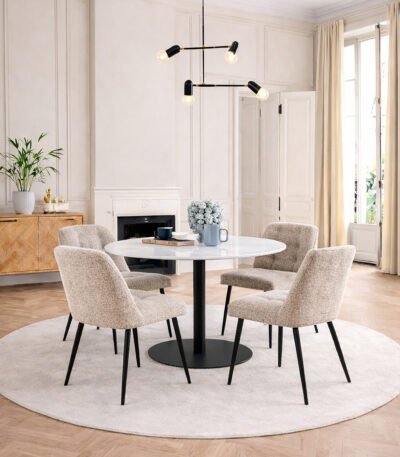 Corby Round Dining Table with White Polished Marble Top & Black Base includes 4 Brooke Dining Chairs