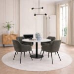 Corby Round Dining Table with White Polished Marble Top & Black Base includes 4 Brooke Dining Chairs with Arm Rest
