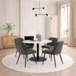 Corby Round Dining Table with White Polished Marble Top & Black Base includes 4 Brooke Dining Chairs