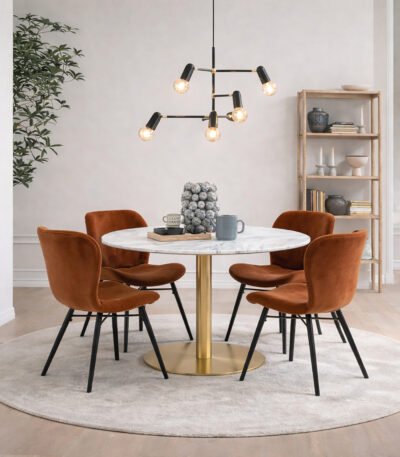 Corby Round Dining Table with White Polished Marble Top & Gold Base inc 4 Batilda Dining Chairs
