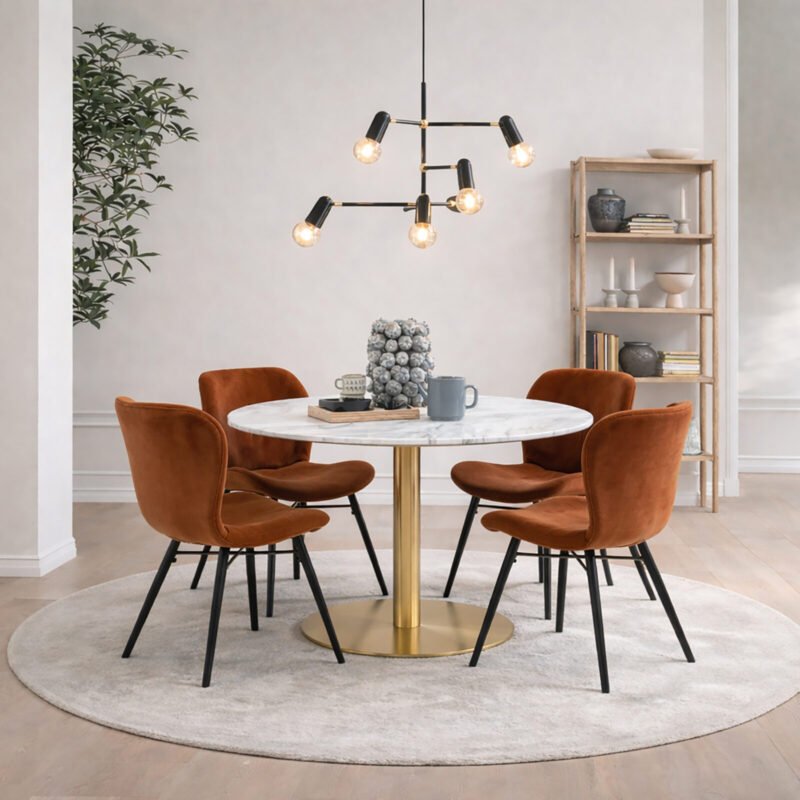 Corby Round Dining Table with White Polished Marble Top & Gold Base inc 4 Batilda Dining Chairs